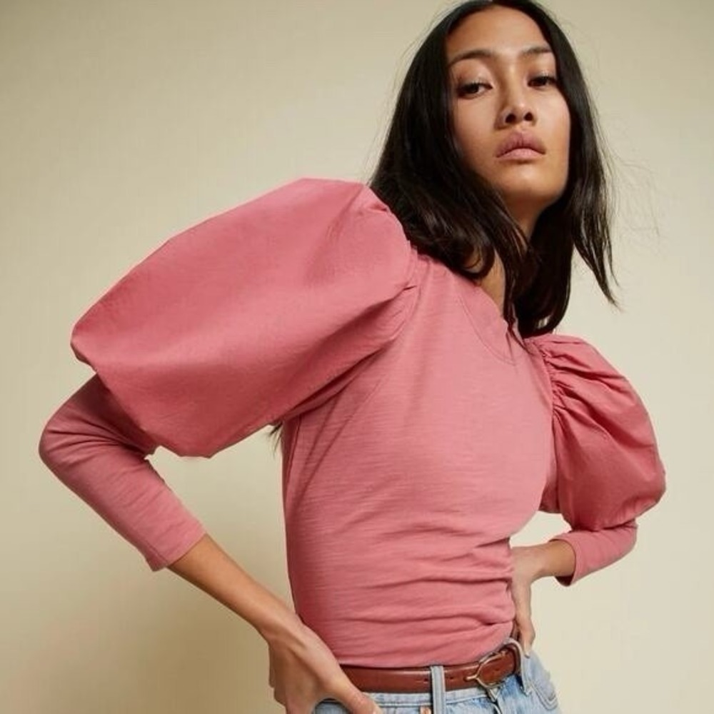 Nation LTD Daniela Combo Puff Sleeve Top Pink Cotton Women's Size L